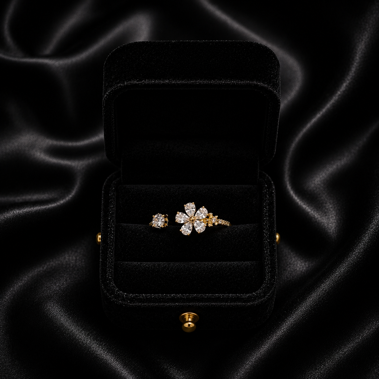 A graceful bloom carved in crystal sparkle, this ring captures the beauty of delicate petals touched by soft light. With its floral silhouette and refined shimmer, it brings an elegant charm that feels dreamy, feminine, and effortlessly timeless.