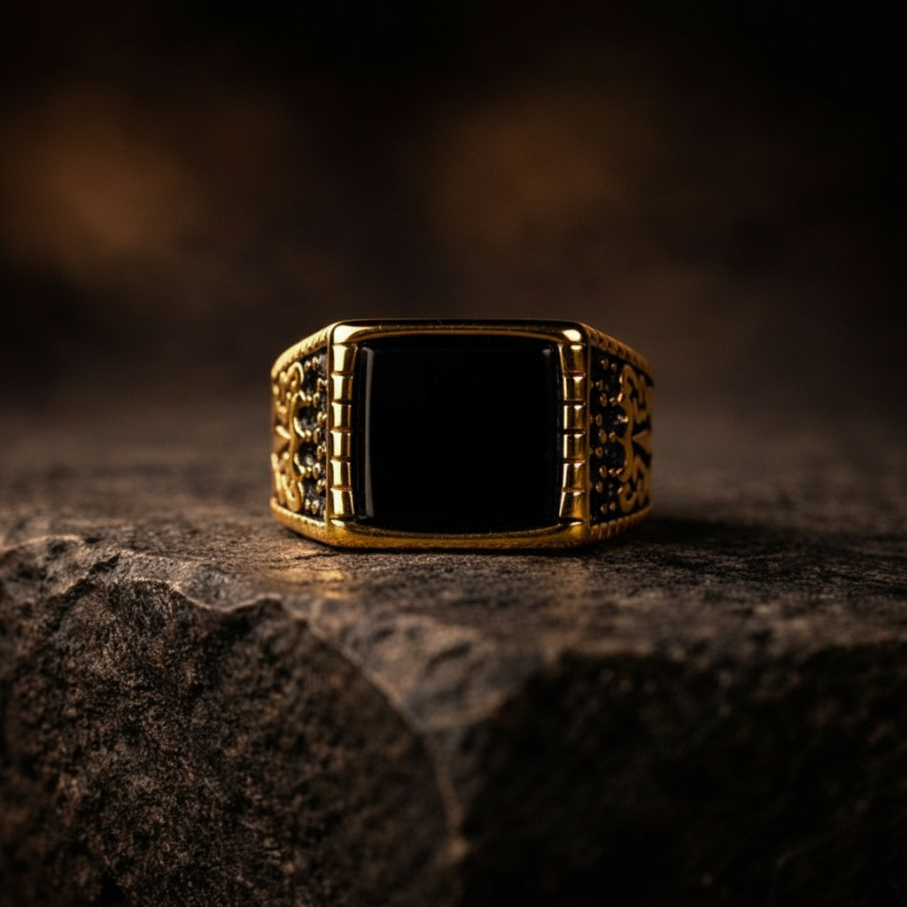 Minimal yet commanding, the Envy Prime Ring is designed around precision and power. Its sharp rectangular black stone sits confidently in a rich gold-tone body, creating a striking contrast that speaks of dominance, refinement, and quiet authority. This is luxury at its peak, nothing excess, nothing ordinary.