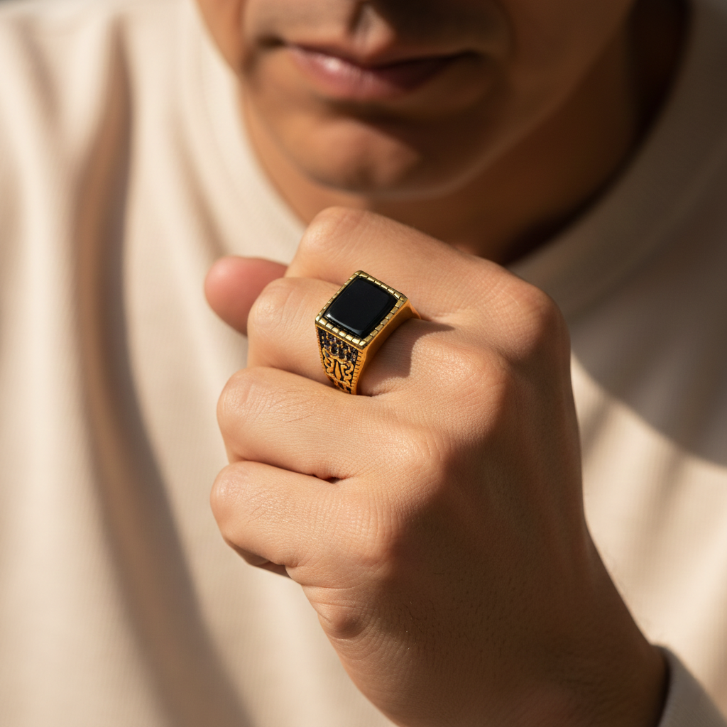 Minimal yet commanding, the Envy Prime Ring is designed around precision and power. Its sharp rectangular black stone sits confidently in a rich gold-tone body, creating a striking contrast that speaks of dominance, refinement, and quiet authority. This is luxury at its peak, nothing excess, nothing ordinary.
