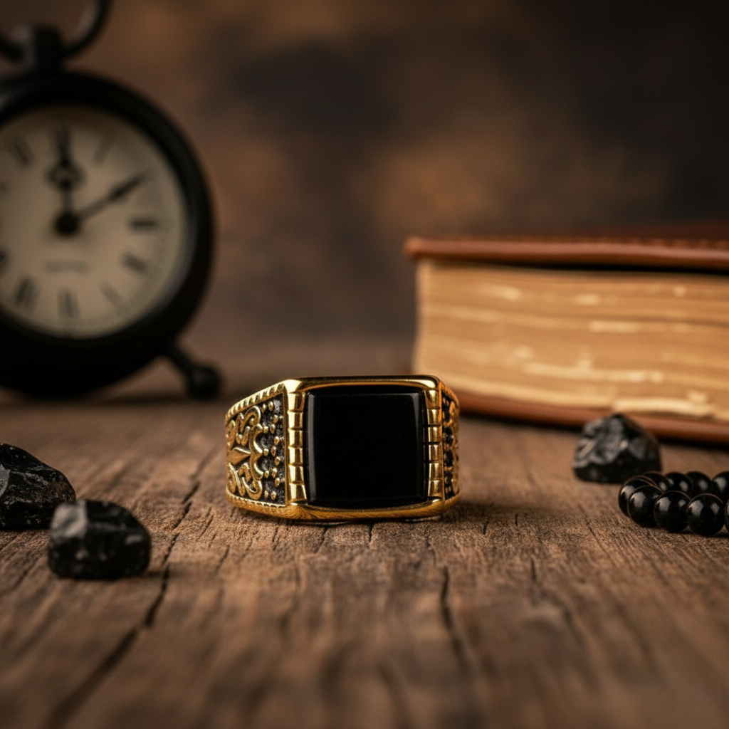 Minimal yet commanding, the Envy Prime Ring is designed around precision and power. Its sharp rectangular black stone sits confidently in a rich gold-tone body, creating a striking contrast that speaks of dominance, refinement, and quiet authority. This is luxury at its peak, nothing excess, nothing ordinary.