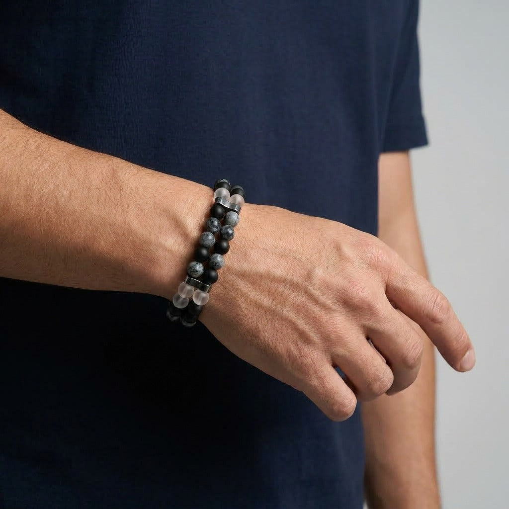 A perfect blend of contrast and balance, this bracelet brings together smooth matte beads and marble-textured stones for a look that feels both modern and grounded. Its dual-tone design adds depth and character, making it an effortless everyday essential.