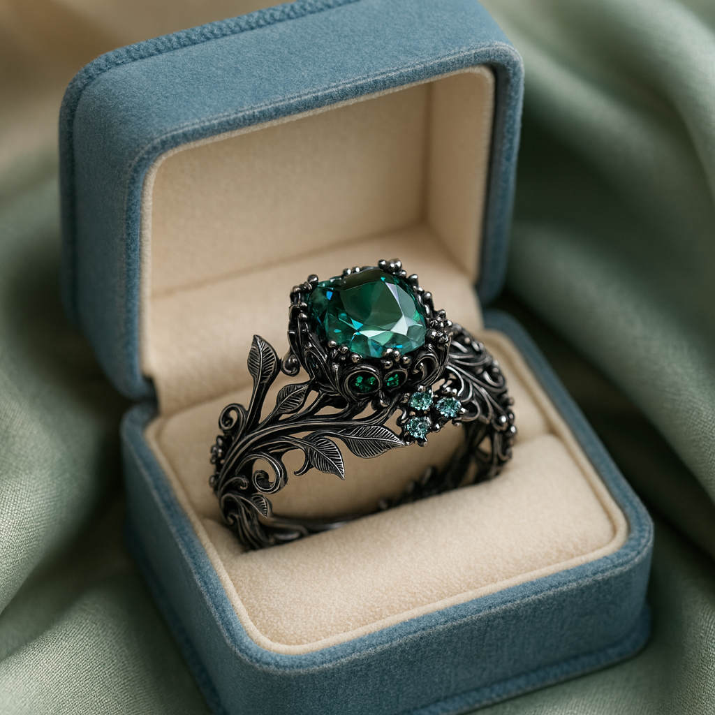 The Midnight Ivy Ring is a lush creation rooted in gothic romance and dark enchantment. A deep green crystal glows at the center, crowned by intricate vines and leaf motifs that wrap the finger like a secret from an ancient forest. Gunmetal tones and shimmering side zircons bring drama, elegance, and a mythical edge to this bold statement piece.