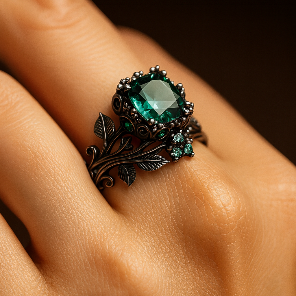 The Midnight Ivy Ring is a lush creation rooted in gothic romance and dark enchantment. A deep green crystal glows at the center, crowned by intricate vines and leaf motifs that wrap the finger like a secret from an ancient forest. Gunmetal tones and shimmering side zircons bring drama, elegance, and a mythical edge to this bold statement piece.