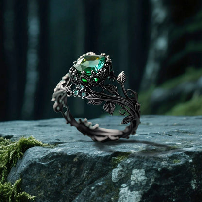 The Midnight Ivy Ring is a lush creation rooted in gothic romance and dark enchantment. A deep green crystal glows at the center, crowned by intricate vines and leaf motifs that wrap the finger like a secret from an ancient forest. Gunmetal tones and shimmering side zircons bring drama, elegance, and a mythical edge to this bold statement piece.