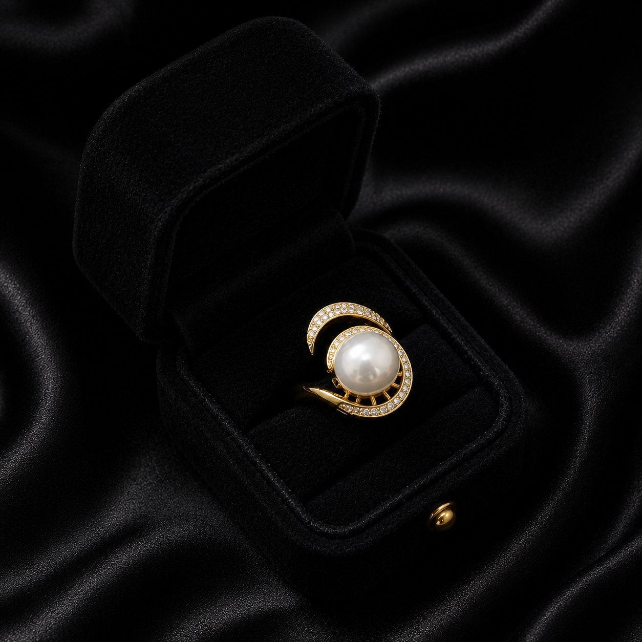 Channel your inner queen with the Pave Empress Ring, a piece that commands attention with its majestic presence. This ring features a brilliant artificial pearl encircled by a halo of light, creating a regal silhouette that is both powerful and breathtakingly feminine.