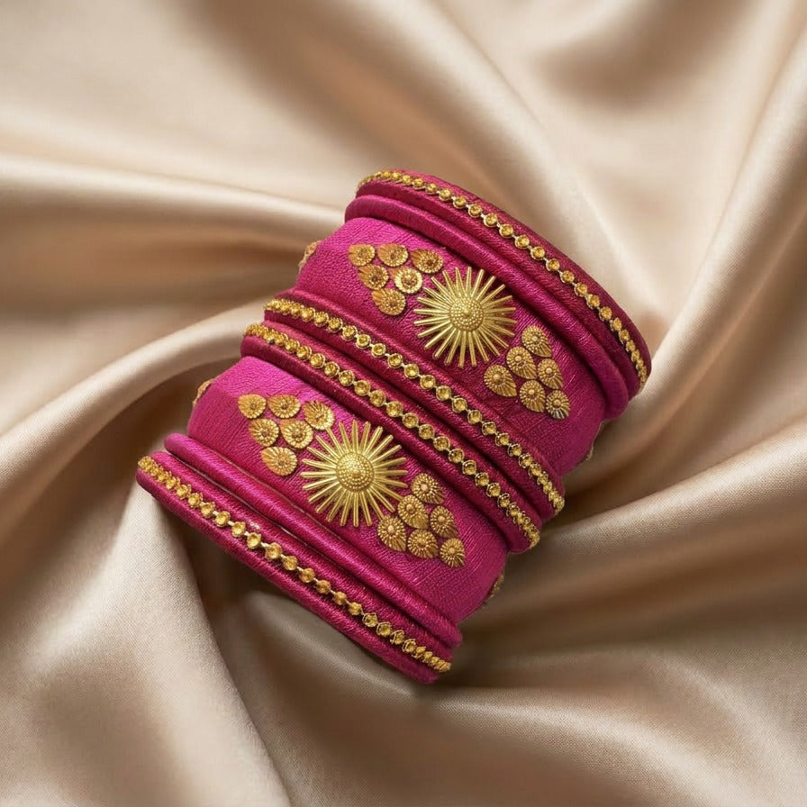 Crafted with rich silk thread and adorned with intricate golden embellishments, the Reshmi Bangles bring a bold festive charm to your look. Each stack carries a unique handcrafted touch — making every piece slightly different, yet equally stunning.
