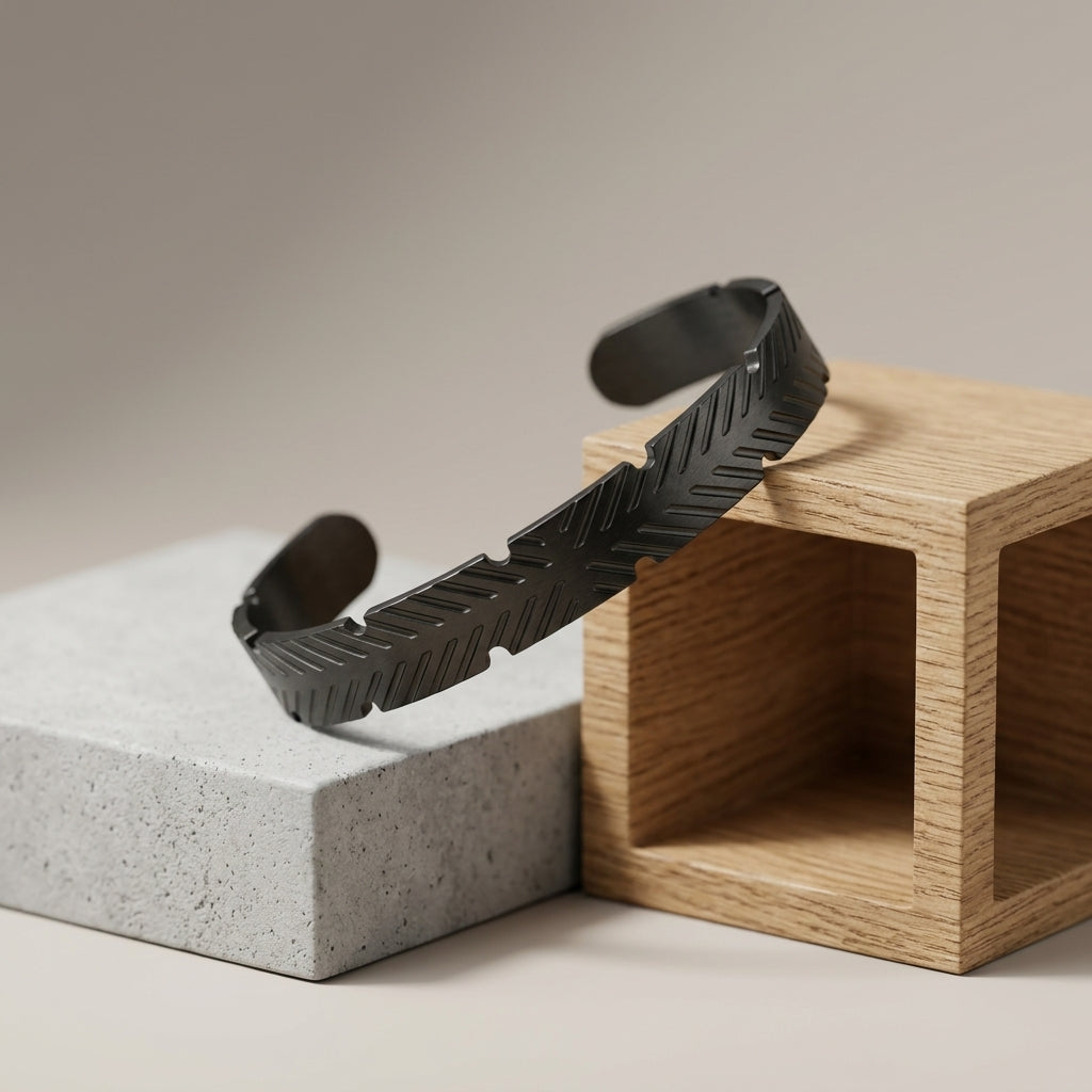 A sharp expression of modern style, this cuff features clean geometric cuts that create a bold, edgy look. Its structured design and sleek finish give off a confident, urban vibe—perfect for those who like their accessories minimal yet striking.