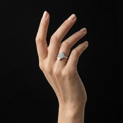 A refined statement ring shaped by gentle curves and subtle brilliance. The Zerelle Curve Ring features a fluid asymmetrical silhouette, accented with delicately set zircon stones that shimmer softly within its sculpted frame. Minimal yet expressive, it’s designed for those who love elegance that feels effortless, modern, and wearable every day.